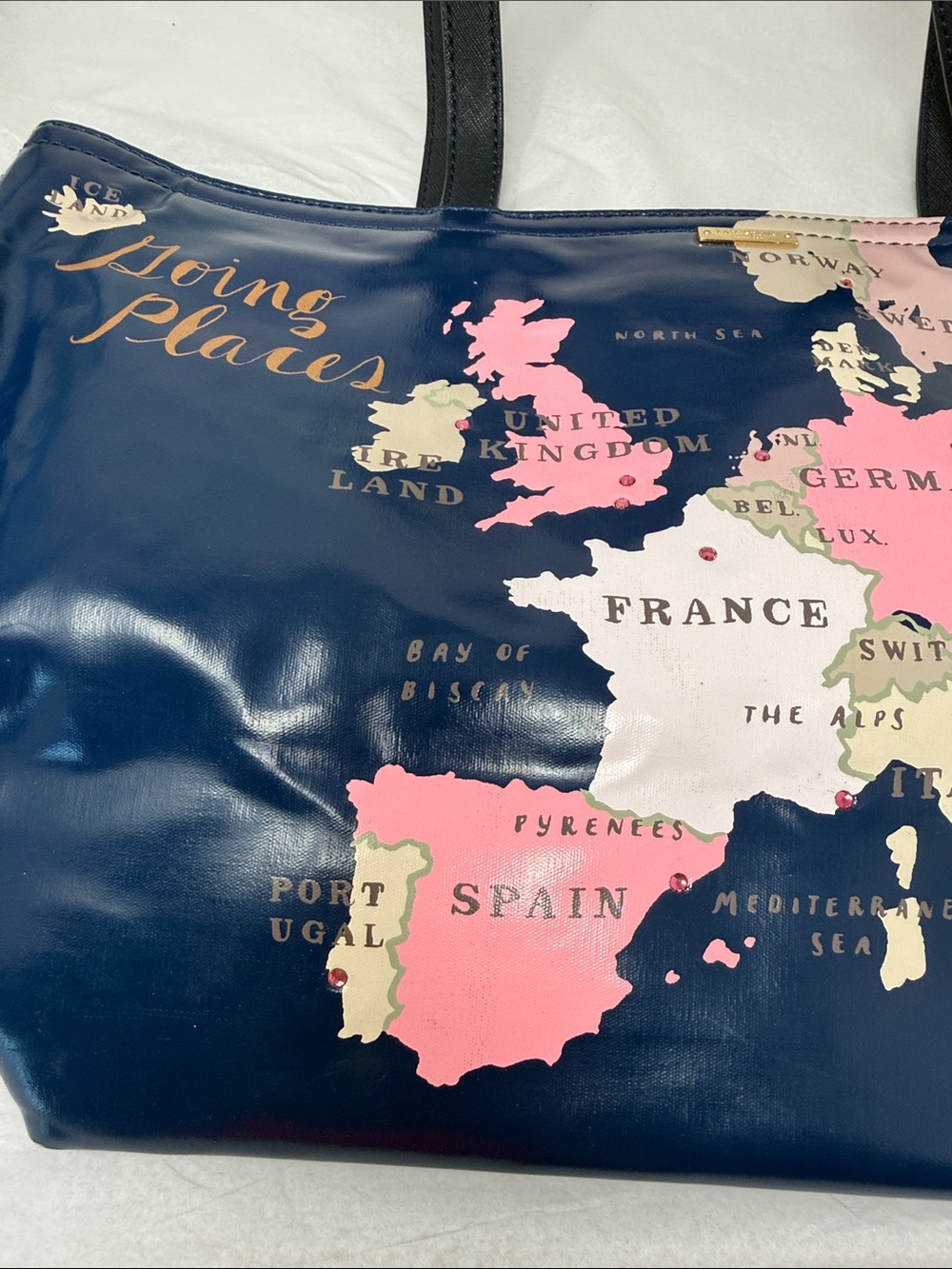Kate Spade Going Places Francis Map Travel Tote sequin bling Navy Pink Large - Picture 10 of 12